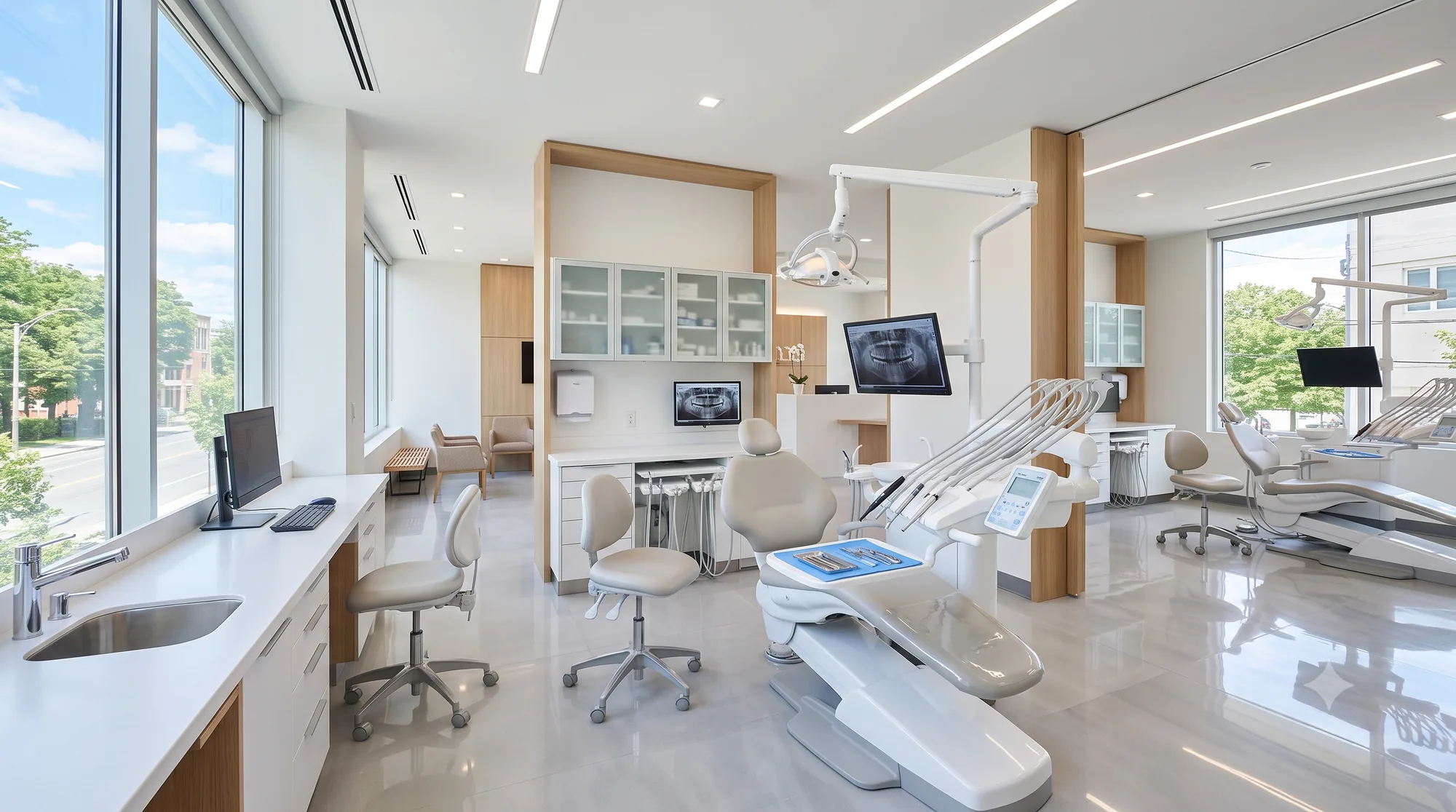 Consultório odontológico amplo e iluminado, com duas cadeiras e luz natural