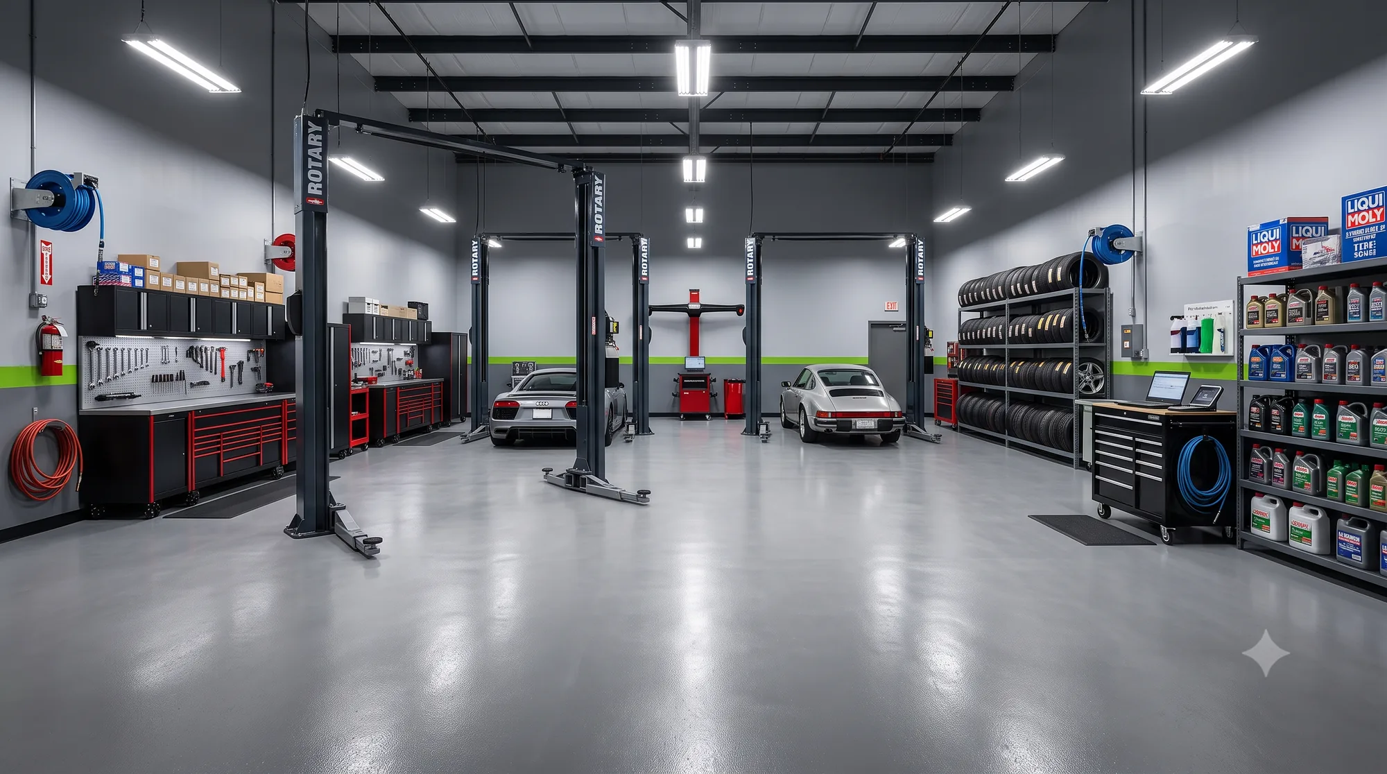 Interior da oficina com elevadores, carros e bancada organizada