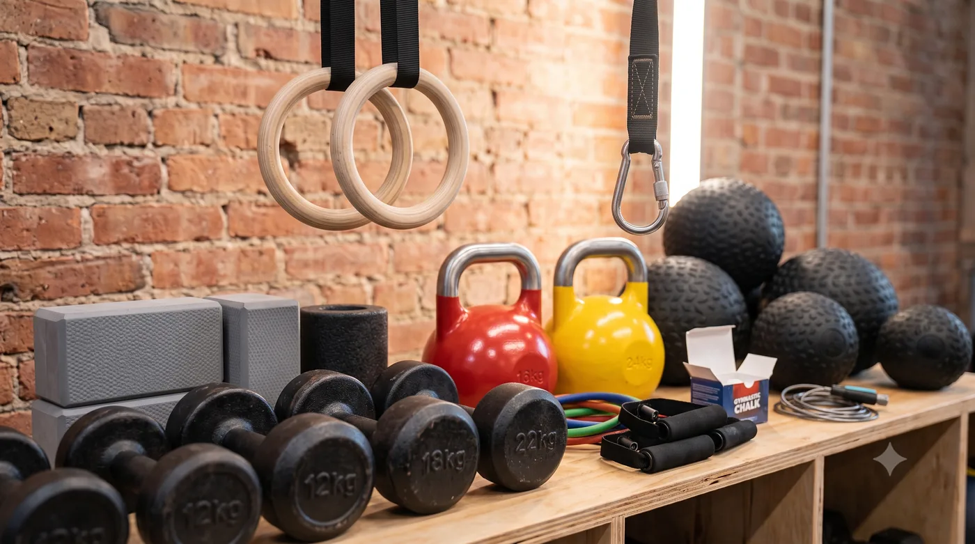 Equipamentos de treino organizados: halteres, kettlebells e argolas